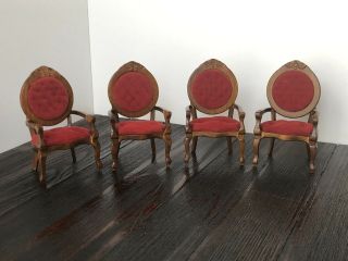4 Vintage Miniature Dollhouse Wooden Furniture Red Velvet Arm Chairs/unbranded