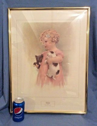 Friendly Enemies Vtg Large Framed Art Print Bessie Pease Gutmann Dog Cat Girl