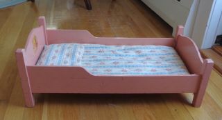 Vintage Pink Wooden Doll Bed With Extra Bedding