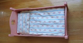 Vintage Pink Wooden Doll Bed with Extra Bedding 2