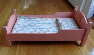 Vintage Pink Wooden Doll Bed with Extra Bedding 3