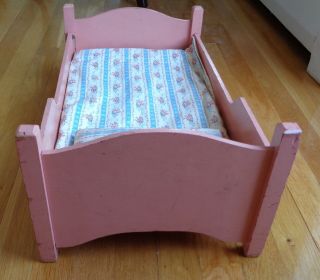 Vintage Pink Wooden Doll Bed with Extra Bedding 4