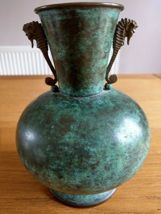 Lovely Old Art Deco Wmf Ikora Green Fire Patina Metal Art Vase With Seahorses