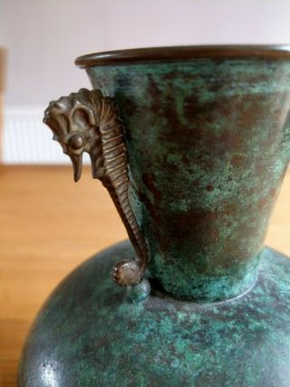 Lovely Old Art Deco WMF Ikora Green Fire Patina Metal Art Vase with Seahorses 2