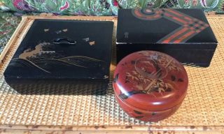 3 Antique Vintage Japanese Wood Lacquer Boxes Cinnabar& Black/gold Chinoiserie