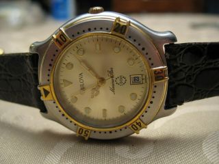 Vintage Bulova Marine Star 90B50 Men ' s Quartz Watch 35mm Case Croc Leather band 3