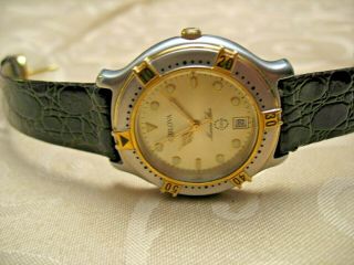 Vintage Bulova Marine Star 90B50 Men ' s Quartz Watch 35mm Case Croc Leather band 4