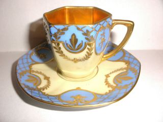 Antique Germany Dresden Cup Saucer Hand Painted Gold Gilt