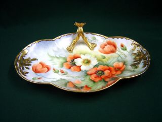 Antique Limoges France Floral Hand Painted Porcelain Gold Gilt Vanity Tray W.  G.