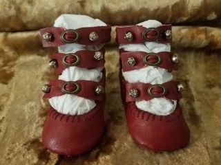 Doll Shoes For Antique French Or German,  Red Leather,  3 Strap