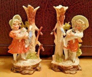 Vintage Austrian Porcelain Figurines - Girls Holding Dogs