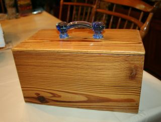 Vintage Wooden Oak Box With Blue Glass Door Pull Handle Old Storage Farmhouse