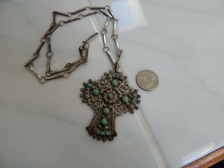 Antique Sterling Silver Turquoise Mexico Necklace Old Cross Large Pendant