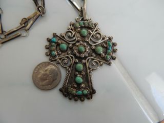Antique sterling silver turquoise Mexico necklace Old Cross Large pendant 2