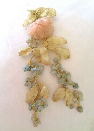 Charming Victorian French Silk And Silk Chiffon Ribbonwork Rose On Vine