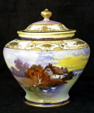 Antique Noritake Lidded Porcelain Vase,  Painted Landscape,  Raised Gilding,  7 " H