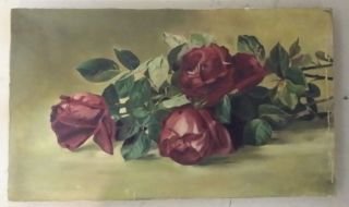Antique 19th Century Floral Oil Painting On Canvas Of Roses