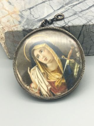Antique Hand Painted Mary Religious Pendant Sterling Silver W/ Mono (252016)
