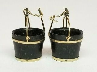 Antique Victorian 10k Gold & Gf Carved Wood Miniature Bucket Pail Earrings Neat