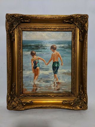 Ornate Framed,  Hand Painted Oil Painting 8x10 Inch,  Beach,  Kids,  Ocean,  Play