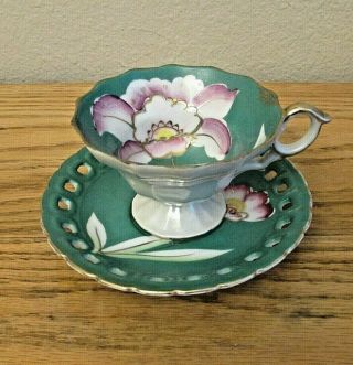 Vintage Tea Cup And Saucer From Wales With Flower On Green And Gold