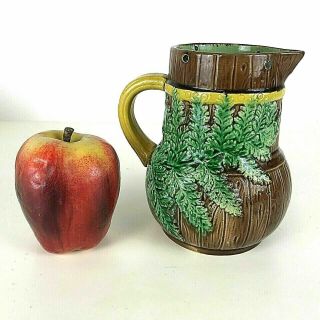 Antique Majolica Pottery Pitcher With Barrel And Fern Motif