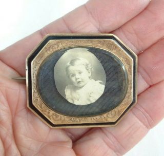 Antique Victorian 8k Gold Black Enamel Mourning Picture Frame Hair Pin 13.  87g
