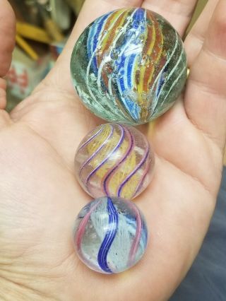 3 Antique Handmade German Marbles 4 Color Latticino Swirl 1 3/4 " For Restoration