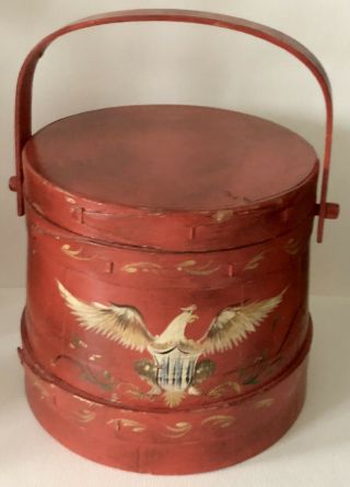 Antique Primitive Americana Eagle Painted Wood Firkin Sugar Bucket Sewing Basket