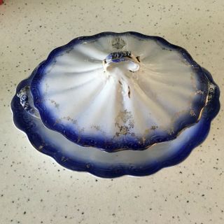 Antique La Francaise Flow Blue Covered Serving Dish Bowl And Platter Cobalt Gold
