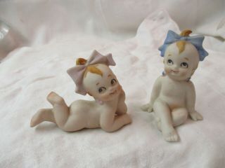 Vintage Bisque Porcelain Pair Kewpie Dolls Blue & Pink Ribbons & Wings