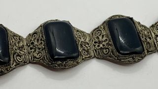 Vintage Chinese Silver Filigree Black Onyx Panel Bracelet