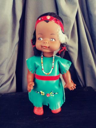Vintage Native American Doll 8 " Indian Doll Beaded With Beaded Necklace