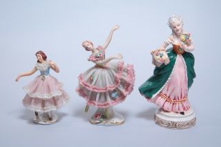 Three Dancer Porcelain Figurine Pink Lace Capodimonte,  Dresden And Cristaux