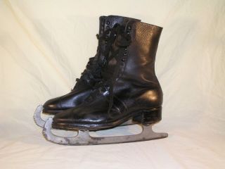 Pair Antique Black Leather Ice Skates Boots Polar Werke A G.  Remscheid