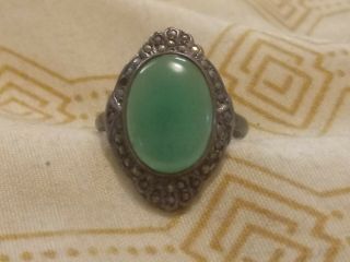 Lovely Antique Sterling Silver And Marcasite Ring With Green Stone,  Very Pretty