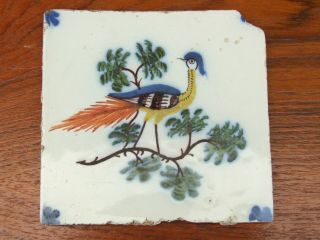 Rare Antique Delft Polychrome Tile With Bird Design London 18th C ? Tin Glaze