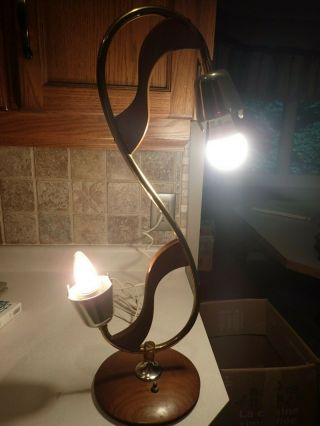 Mid Century Modern Teak Table Lamp 24 " Brass Accents 2 Light