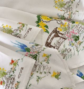 Vintage Hand Embroidered Linen Tablecloth English Country Cottage Garden Scenes