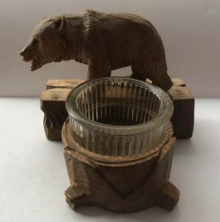 Vintage Traditional Black Forest German Wood Carving Bear Candle Holder