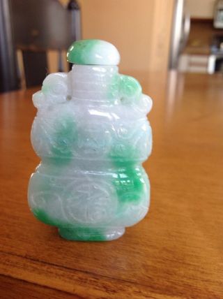 Vintage Carved Chinese White And Green Jade Snuff Bottle
