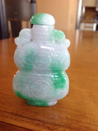 Vintage Carved Chinese White And Green Jade Snuff Bottle 3