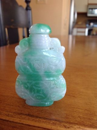 Vintage Carved Chinese White And Green Jade Snuff Bottle 6
