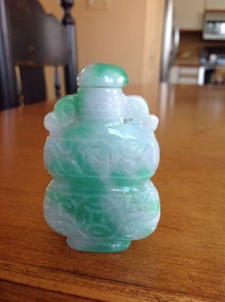 Vintage Carved Chinese White And Green Jade Snuff Bottle 7