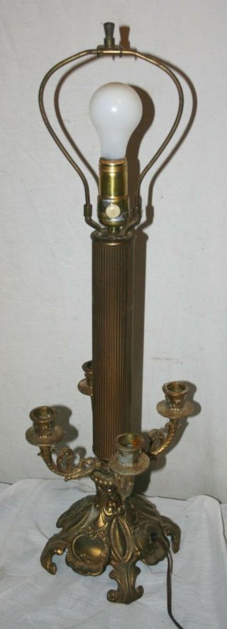 Antique Brass Ornate Base 4 Arm Candelabra Electric Table Lamp - Good -