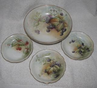 Antique T&v Limoges France Porcelain Large Footed Bowl & 3 Small Bowls Berry Set