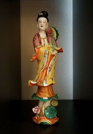 Chinese Porcelain Famille Rose Kwan Yin Guanyin No Hand Statue Figure Table Lamp