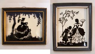 2 Antique Miniature Silhouette Reverse Painted On Glass Framed Deltex Missive