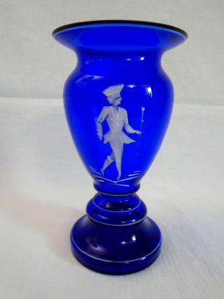 MARY GREGORY HAND PAINTED WHITE ENAMEL ON COBALT GLASS VASE 7.  5” 2