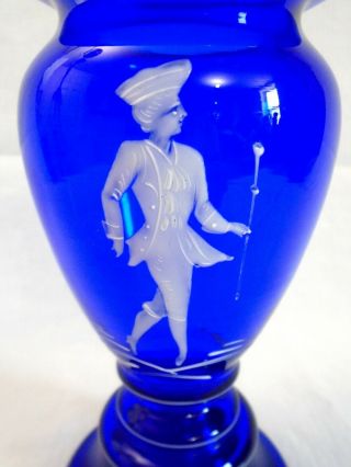 MARY GREGORY HAND PAINTED WHITE ENAMEL ON COBALT GLASS VASE 7.  5” 3